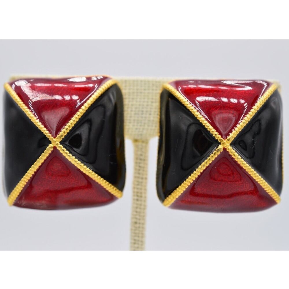 YOSCA Vintage Clip On Earrings Red Black Gold Enamel Chunky Signed 1980s BinAG